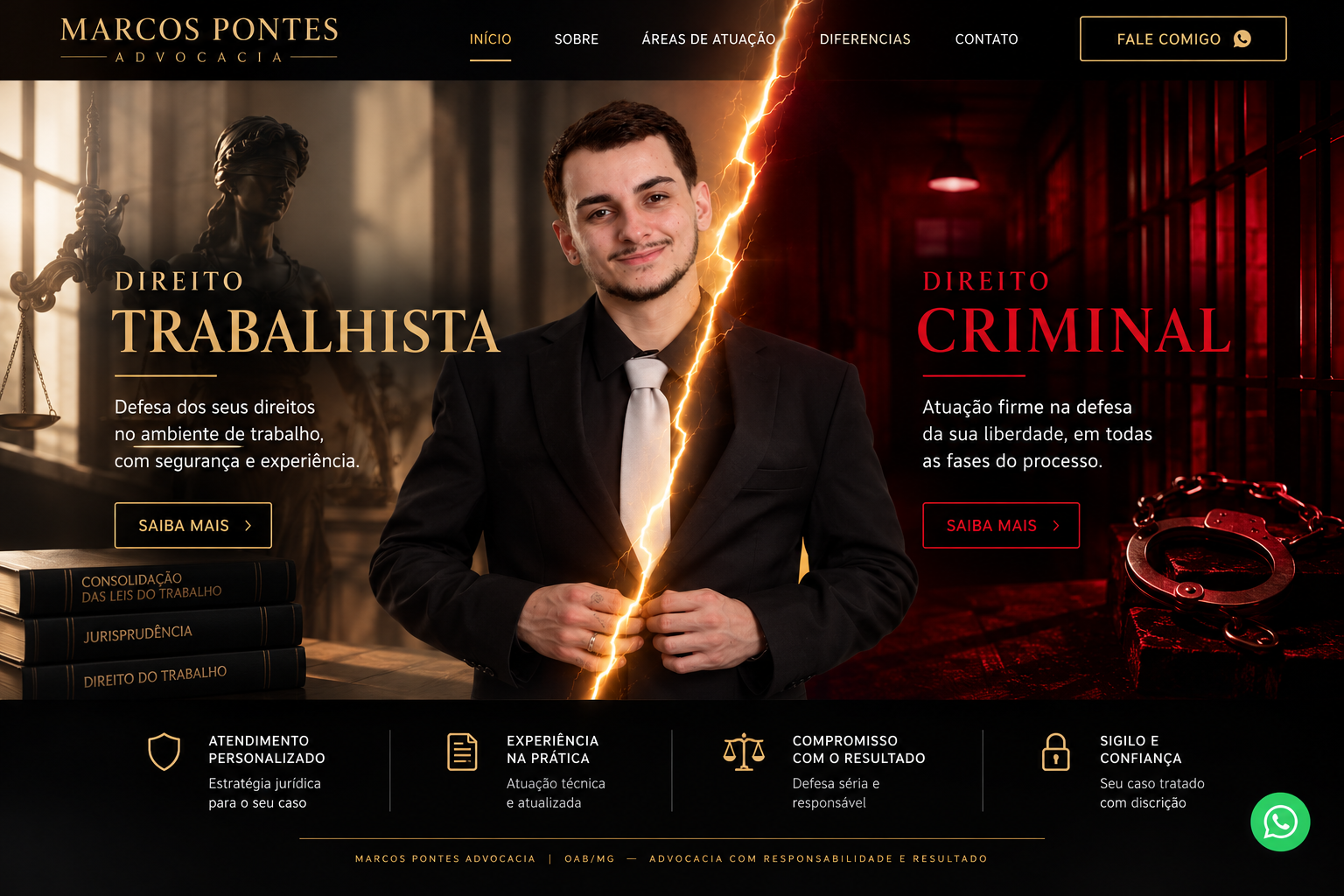 Marcos Pontes Advocacia: Direito Trabalhista à esquerda e Direito Criminal à direita, com raio dourado central.